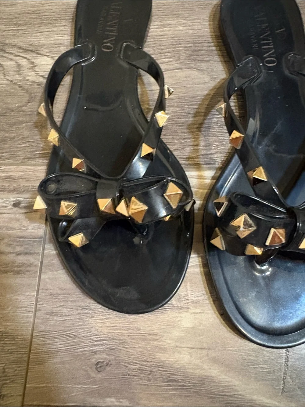 Valentino Black Bow Sandals with Gold Rockstuds